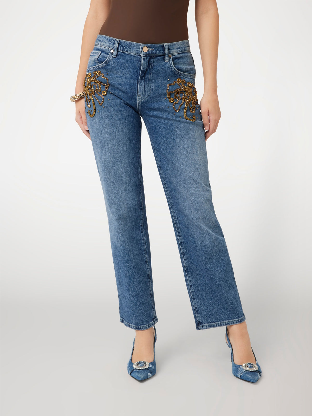 Beads straight denim pant