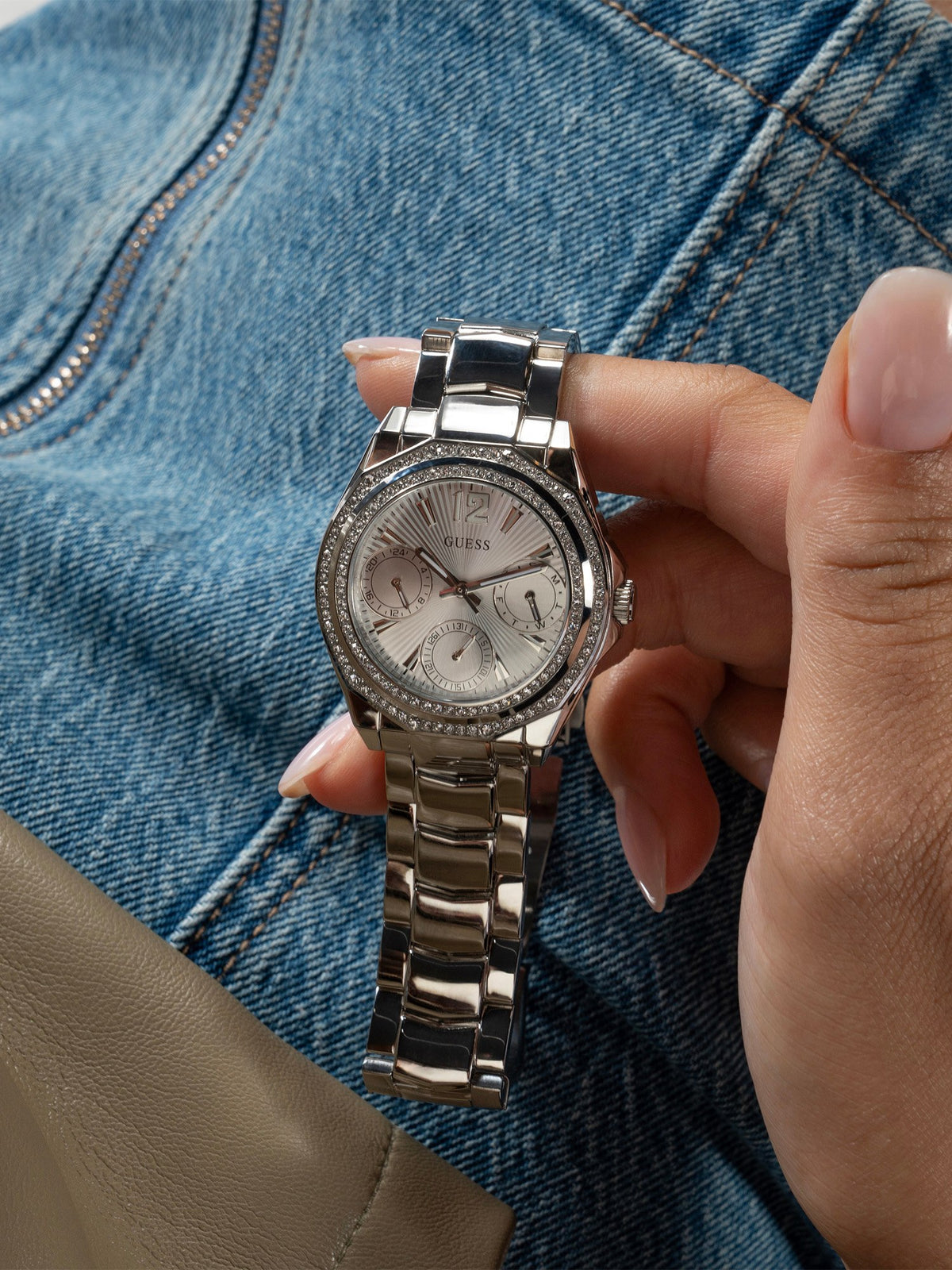 Multi-function watch with crystal appliqué detailing