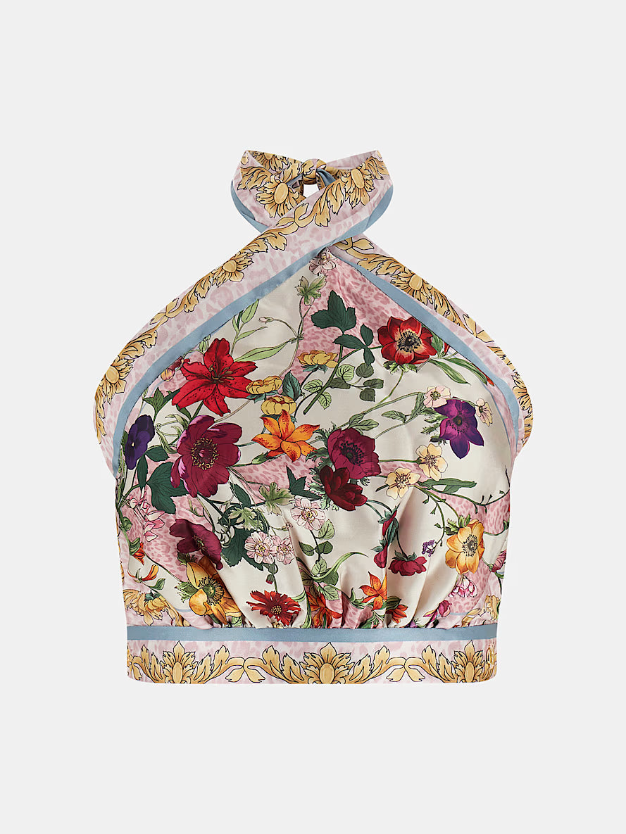 Foulard print cropped halter top