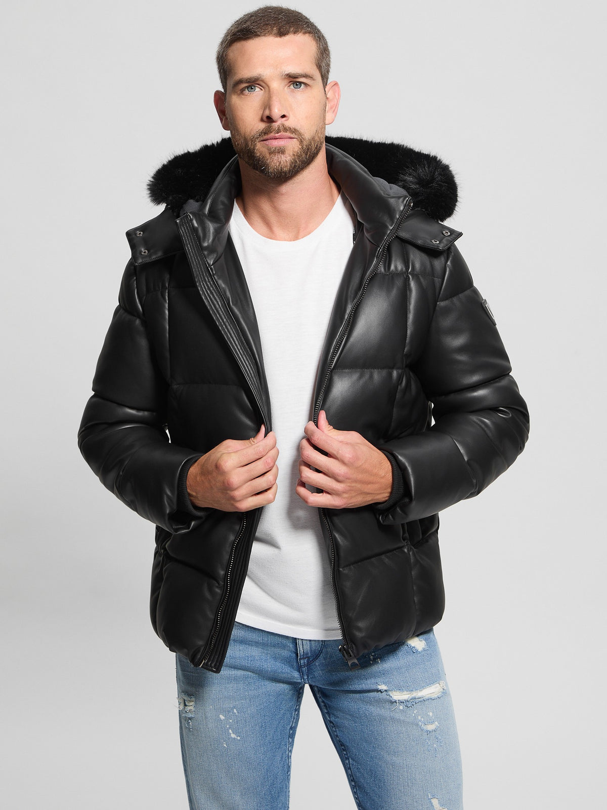 Faux-Leather Stretch Puffa Jacket