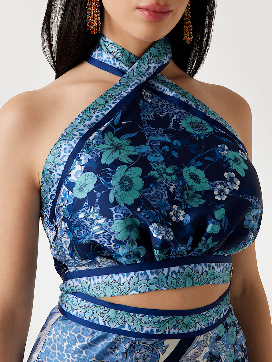 Foulard print cropped halter top