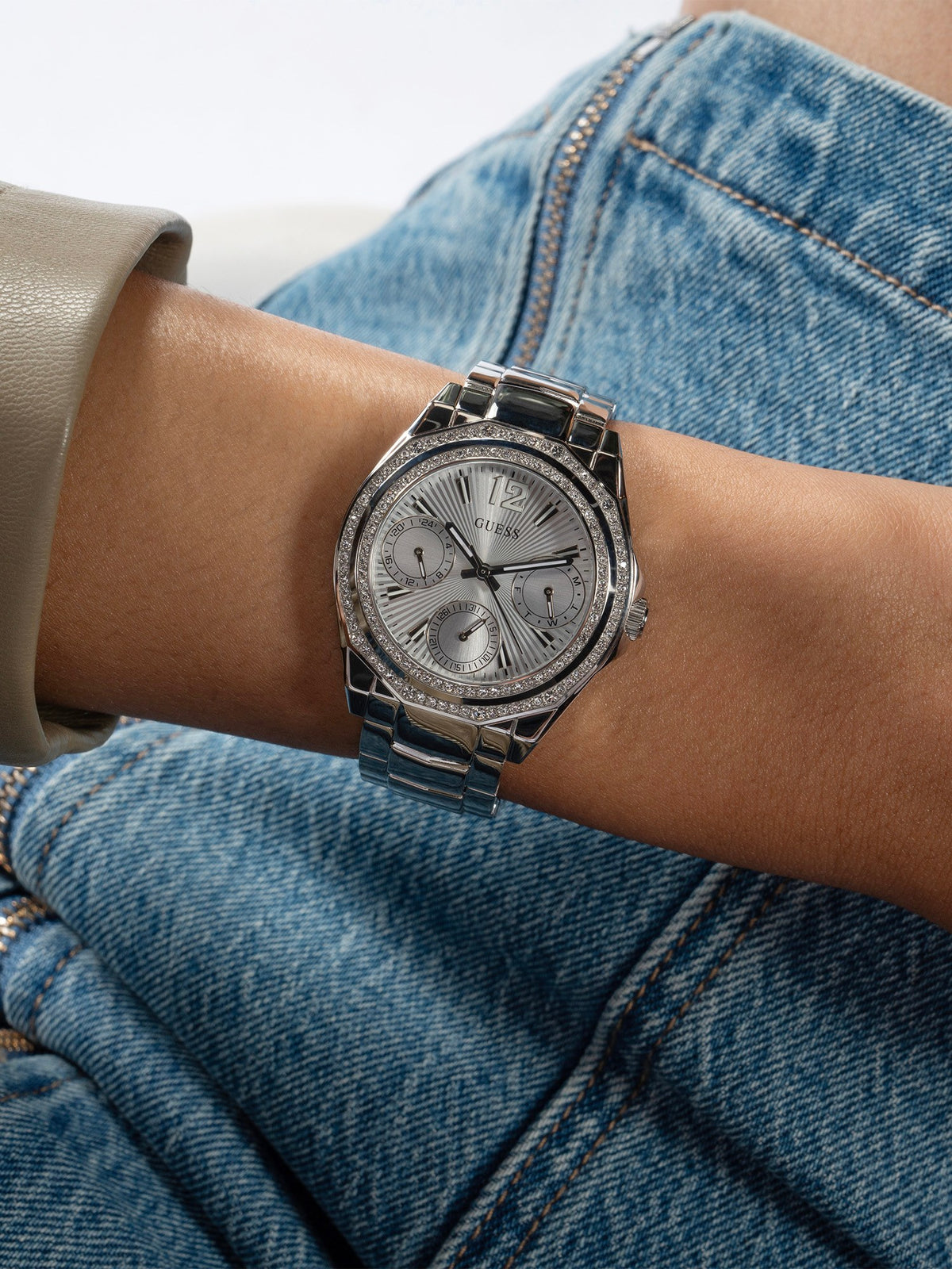 Multi-function watch with crystal appliqué detailing