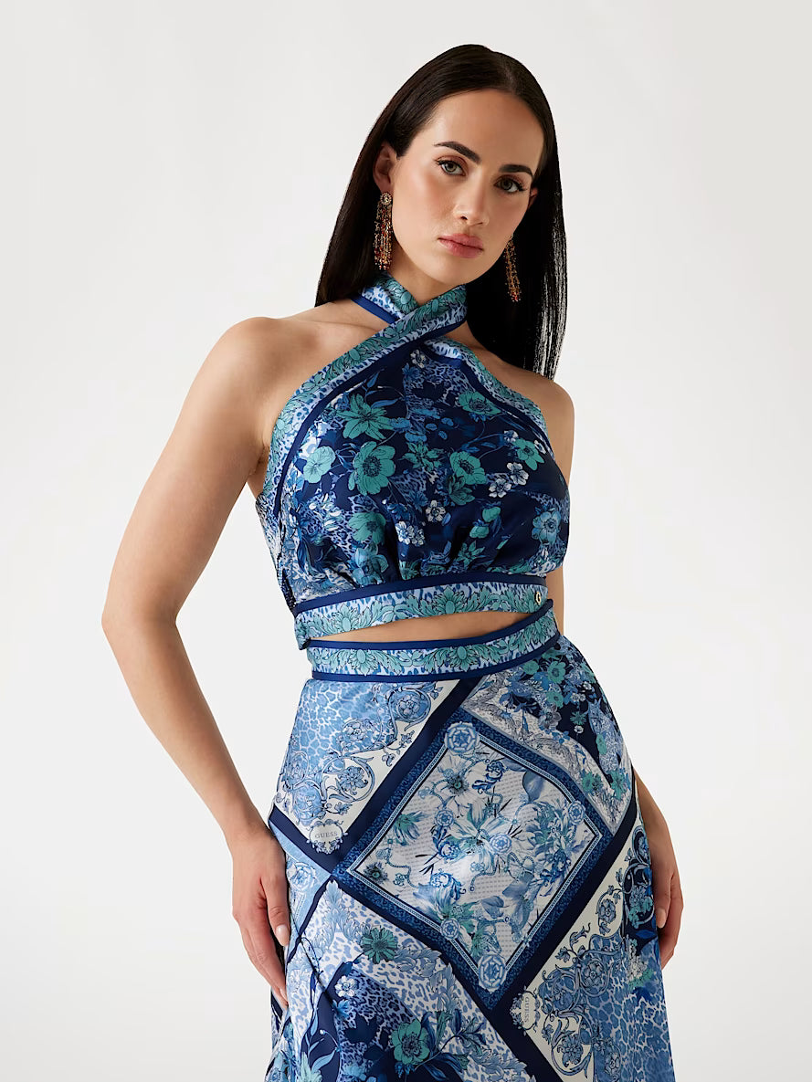 Foulard print cropped halter top